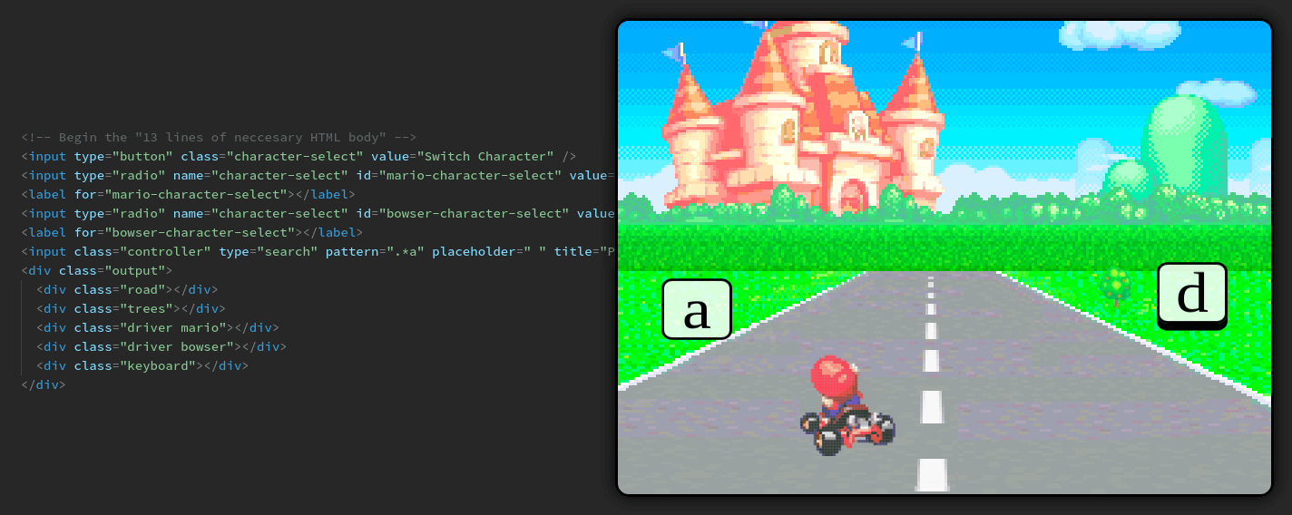 Mario Kart alongside a sample 13 lines of HTML