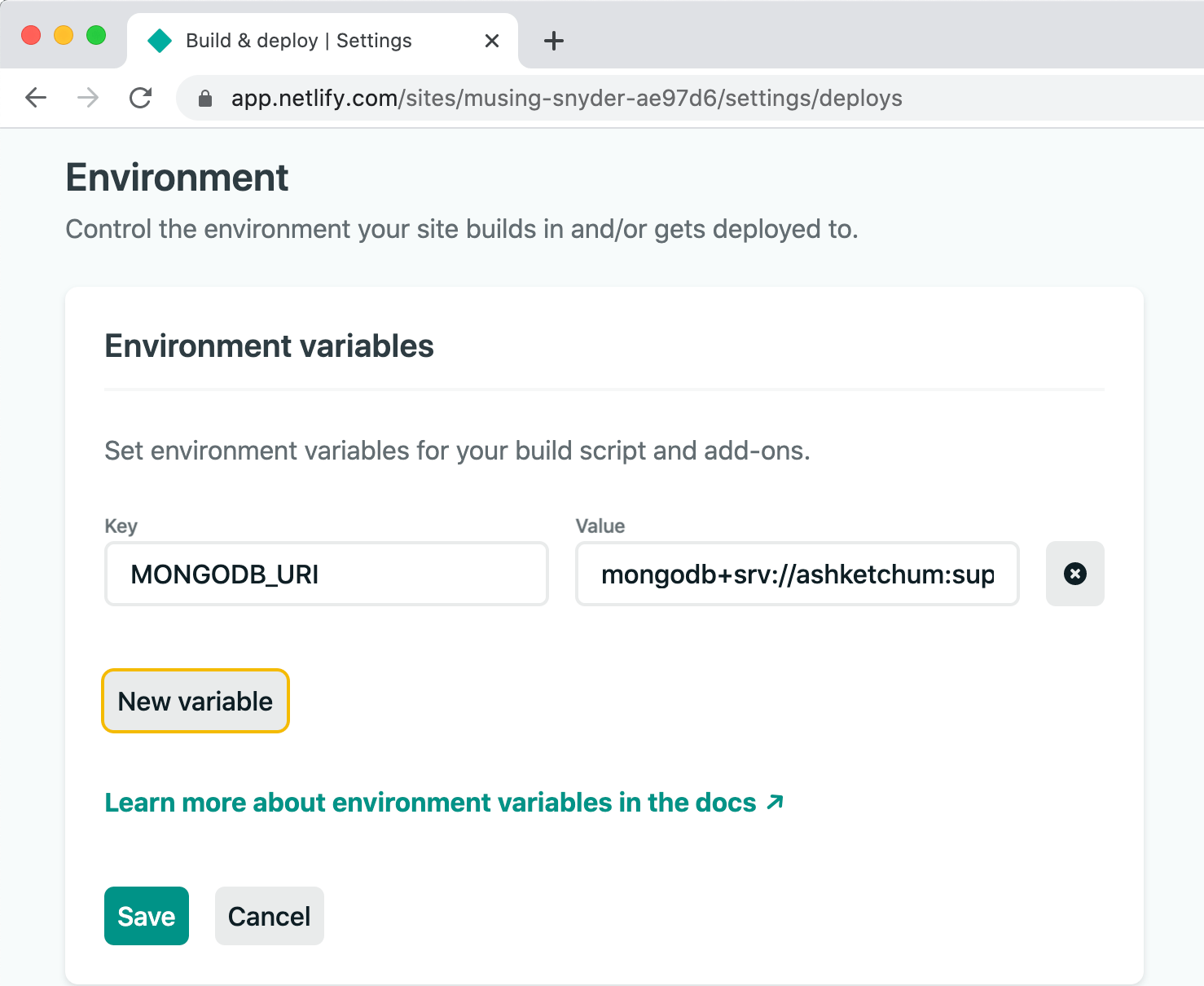 Adding MongoDB URI environment variable